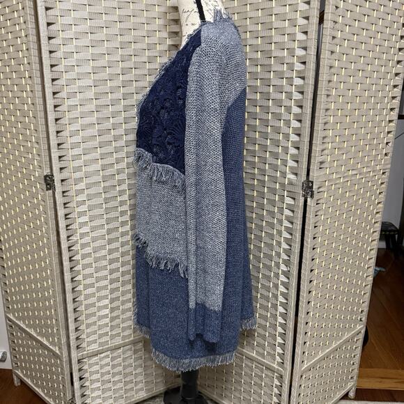 Chico’s Blocked Lace Denalia Cardigan Size 2/L Blue Patchwork Fringe Long Line - Picture 2 of 12